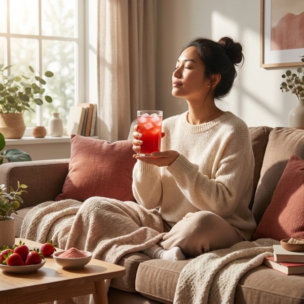 Person relaxing at home enjoying iced strawberry Ashwavana Zen Relax