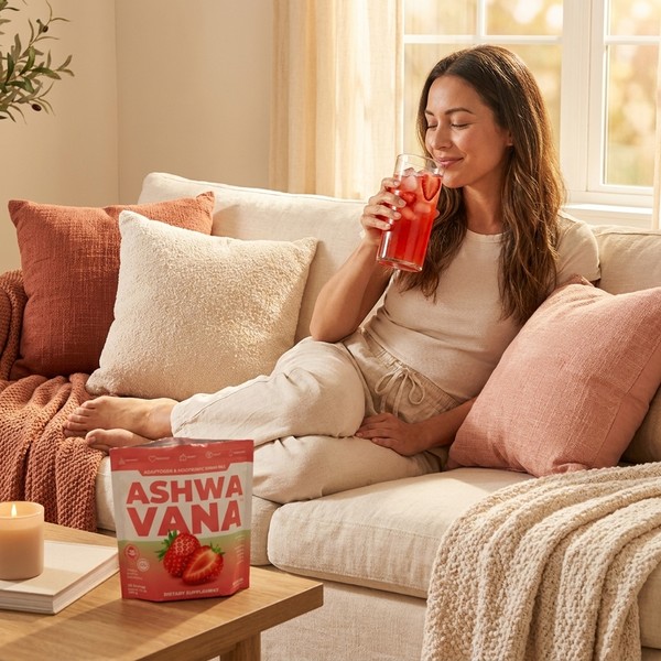 Calm person unwinding on a couch with iced strawberry Ashwavana Zen Relax