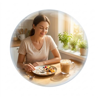 Content woman with a light breakfast and Amazing Creamer latte, cravings settled