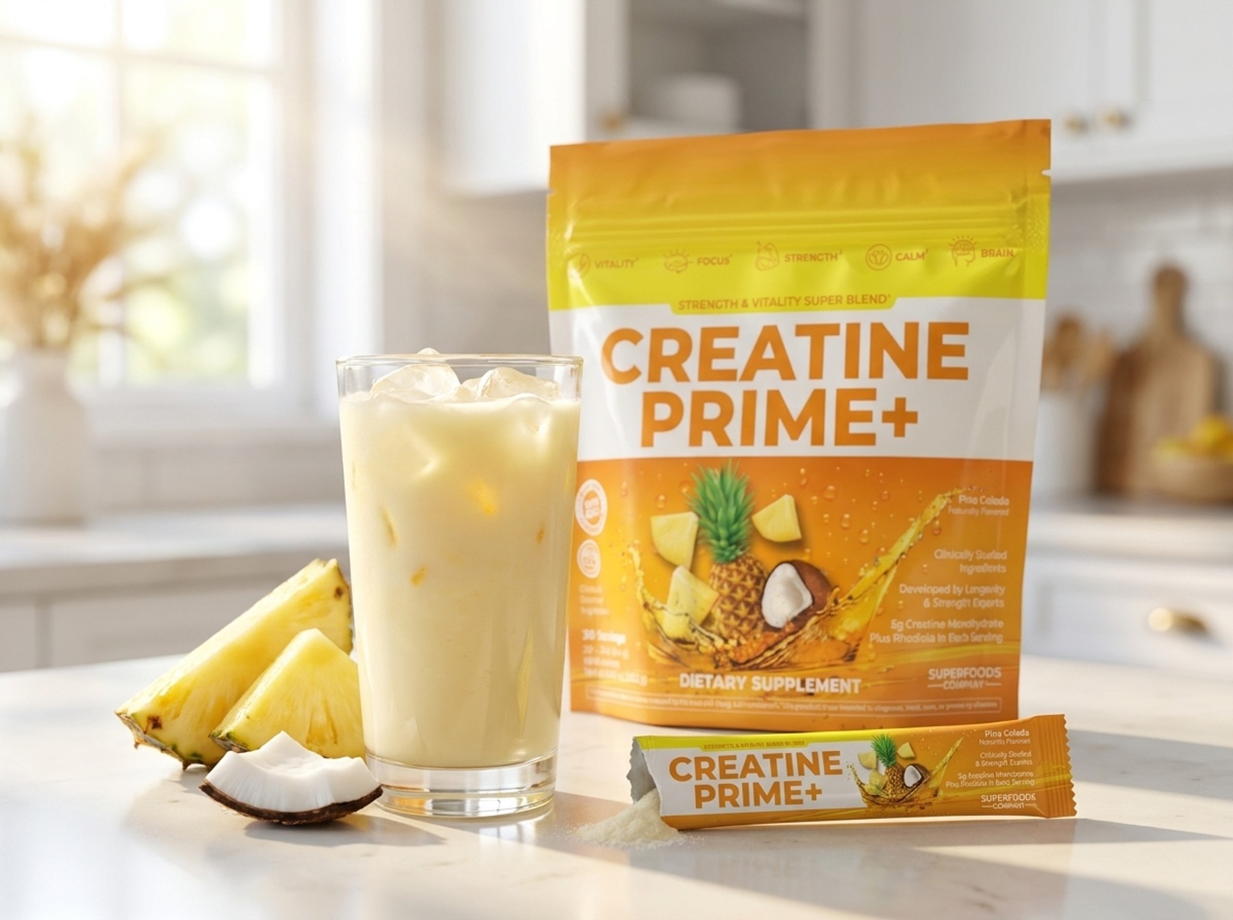 A freshly mixed iced Creatine Prime+ Pina Colada drink on a sunlit kitchen counter with a torn stick pack, pineapple and coconut
