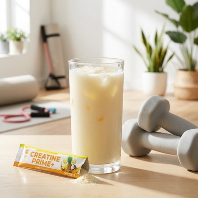 An iced Creatine Prime+ Pina Colada drink beside dumbbells — stronger and sharper over time
