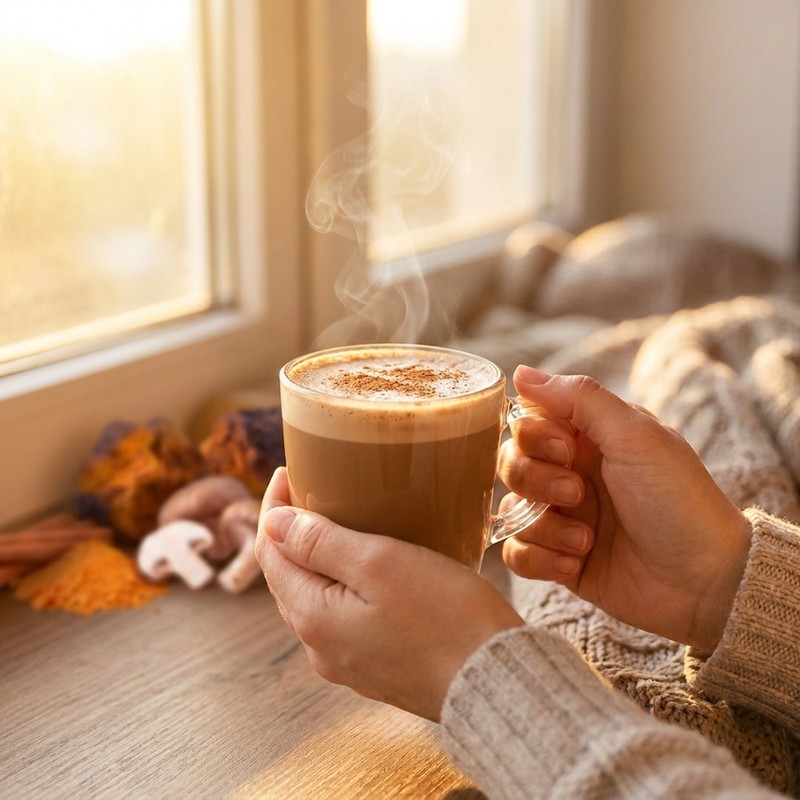 Hands cradling a steaming Amazing Coffee mocha latte by a sunlit window — the first cup and a fresh start